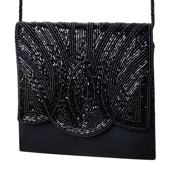 Unbranded Handbags - Y2K Vintage Black Beaded Satin Classy Evening Bag Magnetic Closure Rope Strap